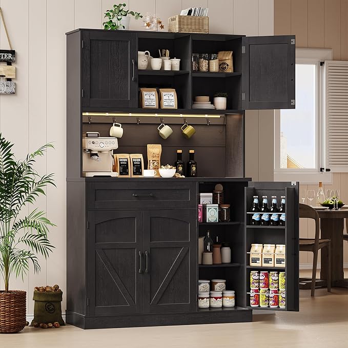 ONBRILL 71" Pantry Cabinet, Kitchen Pantry Storage Cabinet with LED Light & Outlet, Kitchen Hutch with Microwave Shelf & 6 Hooks, Door Shelf & Drawer & Adjustable Shelf, for Dining Room, Black