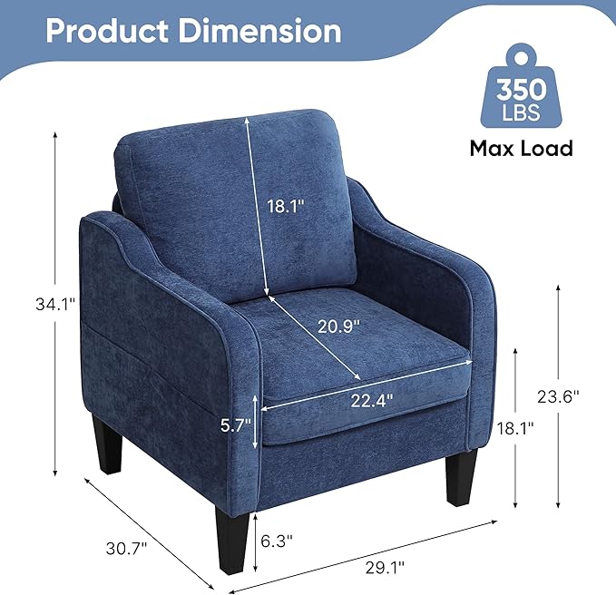 Accent Chair for Living Room, Mid Century Modern Reading Chair for Bedroom, Upholstered Armchair with Side Pockets, Comfy Single Sofa Side Chair for Office, Apartment, Small Room, Blue