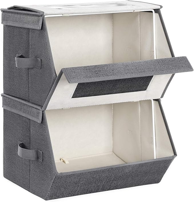 SONGMICS Stackable Storage Bins Set of 2, Storage Boxes with Lids and Front Windows, Non-Woven Fabric Closet Organizers with Magnetic Closures, Side Handles, Dark Gray URPLB02G
