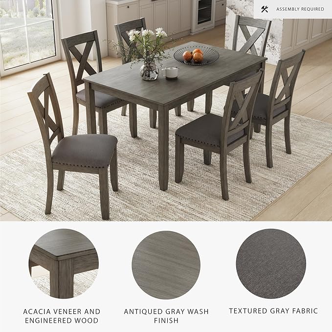 Signature Design by Ashley Caitbrook Rustic 7-Piece Dining Set – Rectangular Table with 6 X-Back Upholstered Chairs, Gray