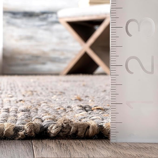 nuLOOM 6x9 Elfriede Jute & Cotton Hand Woven Area Rug, Grey, Solid Rustic Farmhouse Style, Weaved Design, Natural Fiber, For Bedroom, Living Room, Dining Room, Hallway, Office, Entryway