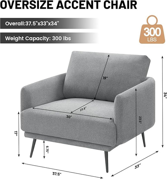 Oversized Accent Chair for Living Room Chairs Reading Arm Chair Comfy Modern Single Sofa Side Chairs with Metal Legs & Soft Cushion for Bedroom, Waiting Room (Polyster Light Grey, Set of 2)