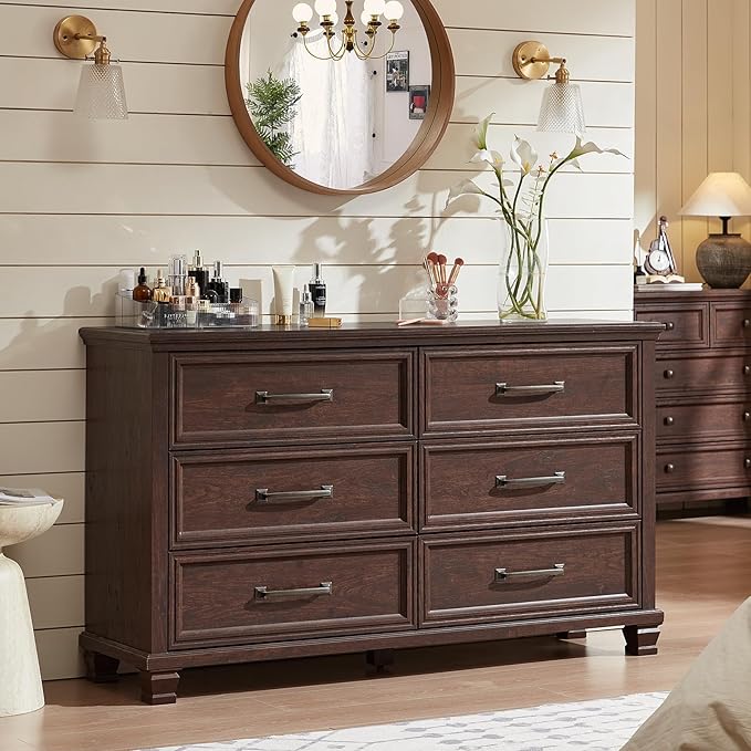 Farmhouse Espresso 6 Drawer Dresser for Bedroom, 54 inch Wide Vintage Large Chest of Drawers with Wood Legs, Rustic TV Console for Living Room, Walnut Wooden Storage Closet Dressers