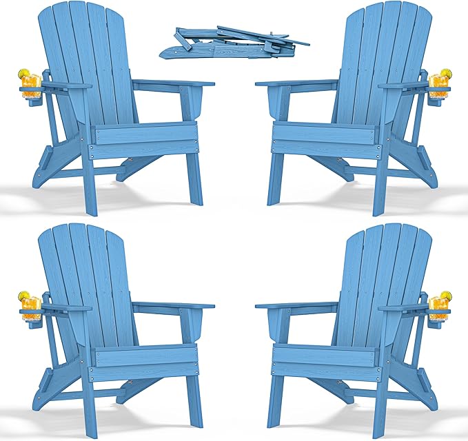 nevilywood Folding Adirondack Chair with Cup Holder Set of 4, HDPE Patio Chairs,All-Weather Outdoor Chairs for Backyard, Deck,Fire Pit-LightBlue