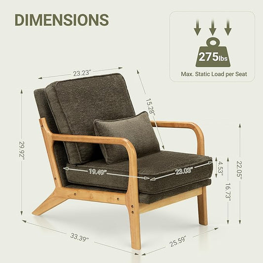 COLAMY Mid Century Modern Accent Chair with Lumbar Pillow, Relaxing Armchair with Solid Wood Frame & Soft Cushion, Reading Leisure Chair for Living Room,Bedroom,Waiting Room(Green)
