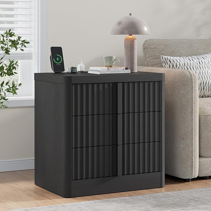 Fluted Nightstand Set of 2 with Charging Station, 23.6" Wood Bedside Table with Solid Wood Handle, Mid Century Moden End Table, 3 Drawer Dresser for Bedroom, Living Room, Black