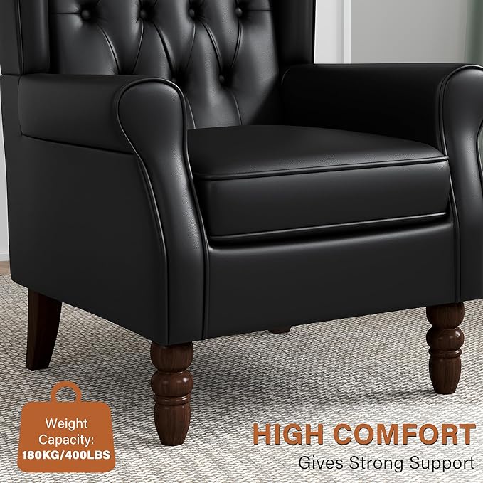 High Back Accent Chair, Faux Leather High Wingback Chair for Living Room, Button-Tufted Upholstered Armchair with Solid Wood Legs, Comfy Single Sofa Reading Chair for Bedroom, Black
