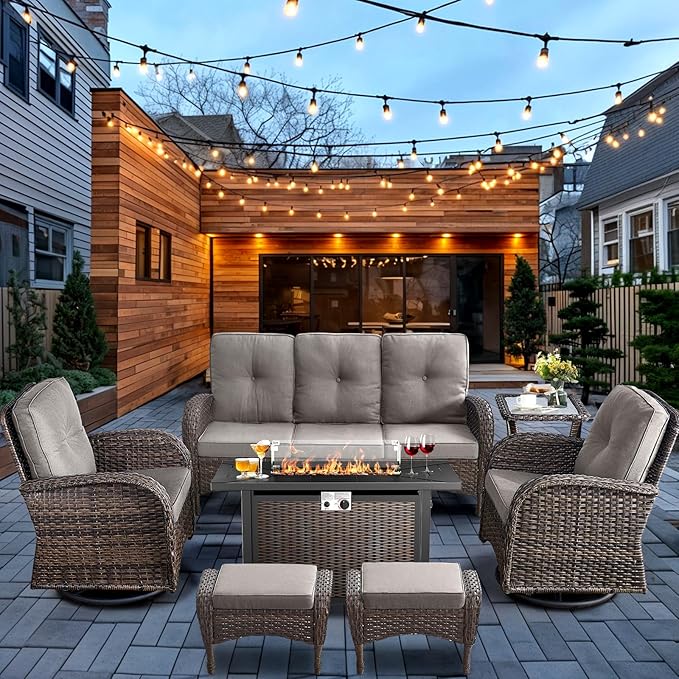 HUMMUH 7-Piece Patio Furniture Set with Fire Pit,Wicker Patio Sofa Set Outdoor Swivel Rocking Chairs with Ottomans for Backyard,Poolside,Deck