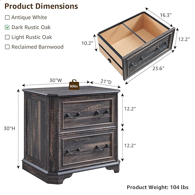 T4TREAM 2 Drawer File Cabinet-30 Wide Wooden Extended Desktop, Farmhouse Filing Cabinet with Smooth Rails, Holds Letter/Legal/A4, Hexagonal Design & Framed Drawer Fronts, Dark Rustic Oak