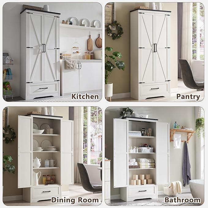 72" Tall Wood Storage Cabinet, Farmhouse Kitchen Pantry Cabinet with Adjustable Shelves & Drawer & Barn Doors, Versatile Storage for Kitchen, Dining Room, Bathroom, Antique White