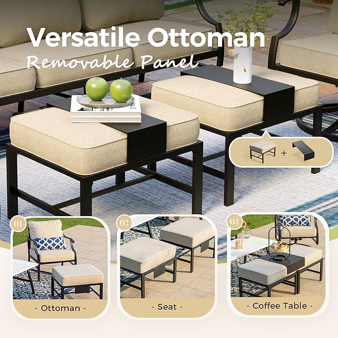 Patio Furniture Set 5 pcs, Outdoor Patio Furniture, 3-Seat Sofa, 2 Swivel Chairs, 2 Ottomans and 5.75" Extra Thick Cushion, Patio Conversation Set for Garden Backyard Deck,Beige