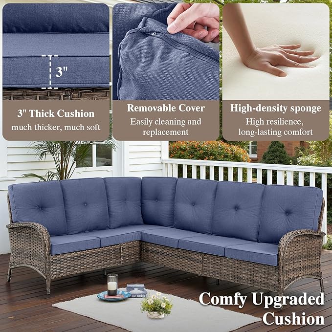 HUMMUH Outdoor Patio Furniture Set,L-Shaped Sectional Couches with Swivel Patio Chairs,Wicker Conversation Set for Deck,Backyard,Porch,Garden