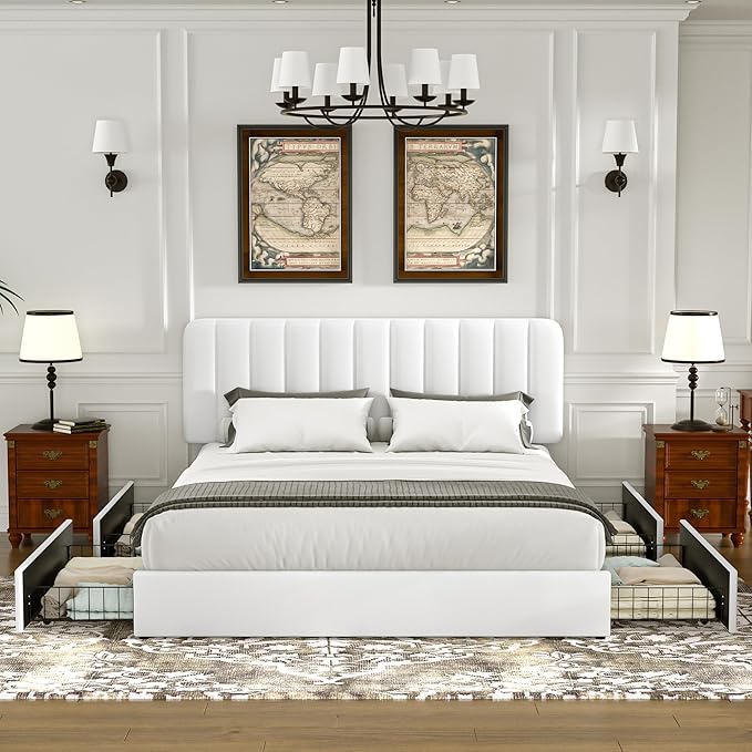 VECELO Full Size Upholstered Bed Frame with 4 Drawers and Headboard, Velvet Platform Storage Bedframe, Wooden Slats Support, No Box Spring Needed,White