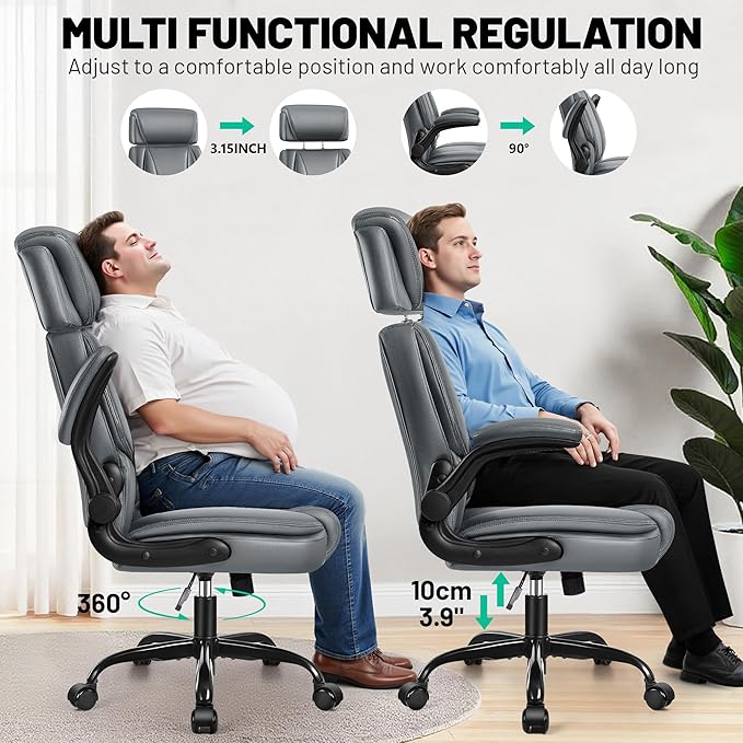 Office Chair, Ergonomic Desk Chair, Executive Leather Office Chairs with Lumbar Support, Adjustable Headrest & Armrests, Big and Tall Computer Chair, PC Chair with Rocking Function
