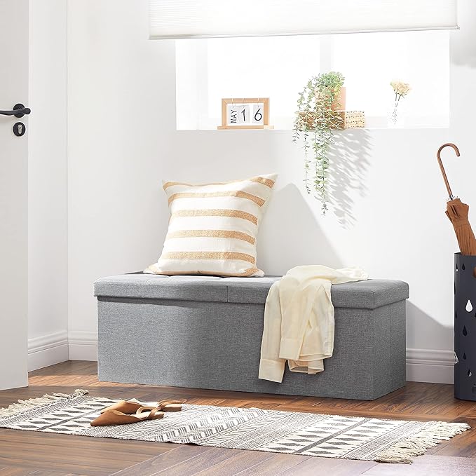 SONGMICS MAZIE Collection - 43 Inches Storage Ottoman, Foldable Storage Bench with Flipping Lid, 660 lb Load Capacity, for Entryway, Living Room, Bedroom, Light Gray ULSF71G