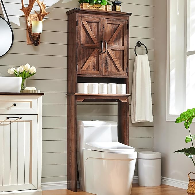 ACCOHOHO Over The Toilet Storage Cabinet, Farmhouse Bathroom Cabinet with Adjustable Shelf & Barn Door, 67" Tall Over The Toilet Shelf, Brown