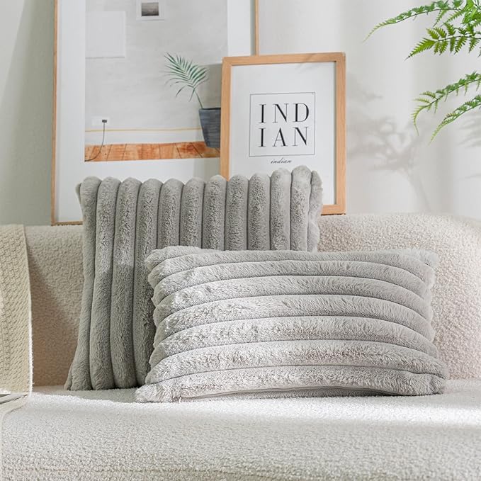 DEELAND Pack of 2,Double-Sided Faux Fur Plush Decorative Throw Pillow Covers Fuzzy Striped Soft Pillowcase Cushion Covers for Sofa Couch Bedroom Lightgrey 18x18 inch