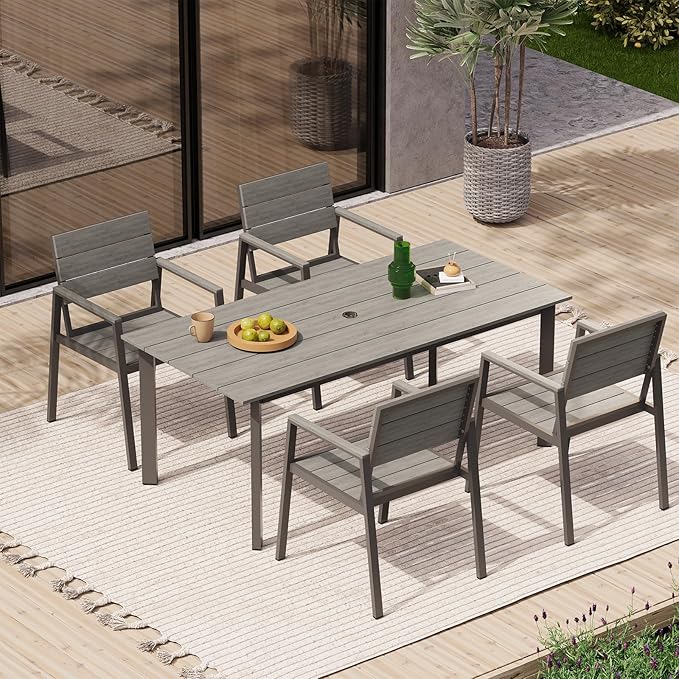 67" Rectangle HDPS Patio Dining Table, Aluminum Outdoor Patio Dining Table with Umbrella Hole, Weather-Resistant for Lawn, Garden, Yard, Poolside and Indoor Use, Gray
