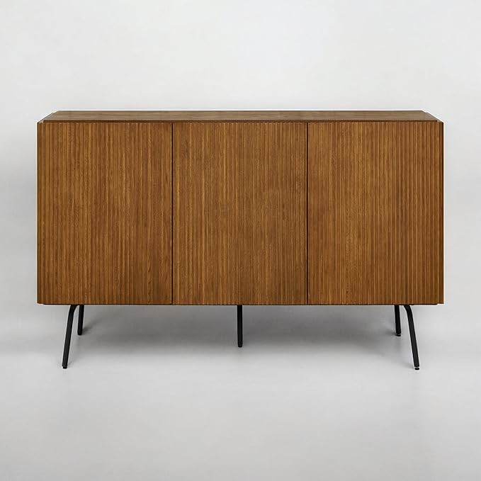 NTC Veil Modern Sideboard with 3 Doors, Buffet Cabinet with Vertical Groove Design and Metal Legs, Storage Cabinet for Living Room, and Hallway, Effortless Assembly - Rustic Oak