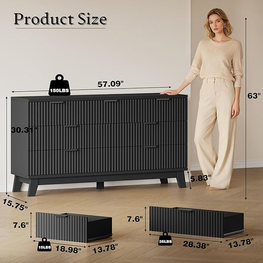 57" Long Dresser for Bedroom, 7-Drawer Fluted Chest, Wide Wood Storage Dresser with Metal Slides and Handles, Stable Base, Modern Clothes Organizer for Primary Suite, Guest Room, Nursery