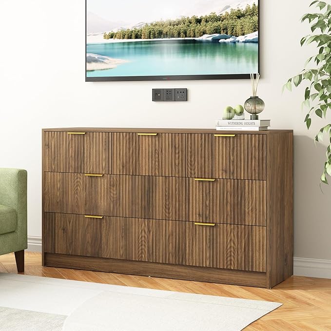 7 Drawers Dresser for Bedroom,55" Wide Fluted Dresser with Deep Drawers, Modern Chest of Drawers, Mid Century Wood TV Stand Storage Organizer for Closet, Living Room, Hallway, Natural