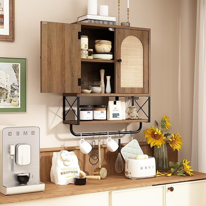 RUSTOWN Rattan Bathroom Wall Cabinet, Boho Over The Toilet Storage Cabinet with Arched Rattan Doors, Modern Medicine Cabinet with Adjustable Shelves & Towel Bar, Bathroom Organizer(Rustic Oak, Medium)