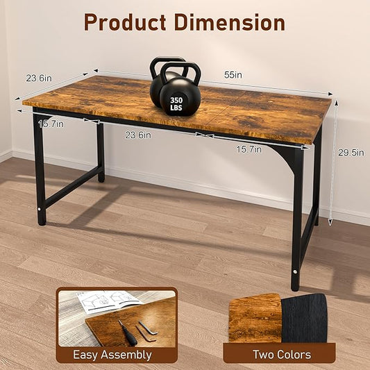 StarGraph Home Office Desks 55 Inch Large Office Desk with Sturdy Metal Frame Modern Computer Desk Gaming Study Writing Work from Home Desks, Rustic Brown