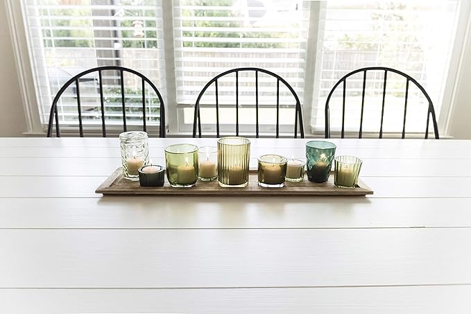 Creative Co-Op Wood Tray with 9 Green Glass Votive Holders