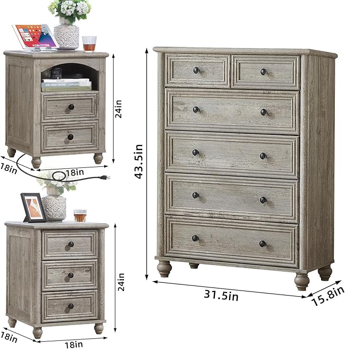 Farmhouse Dressers and Night Stand Set of 3, Wood 43.5'' Tall Dresser and 18'' Wide Chest of Drawers, Roman Column Nightstand Set of 2, Bedroom Furniture Dresser Suites for Living Room, Hallway, Home