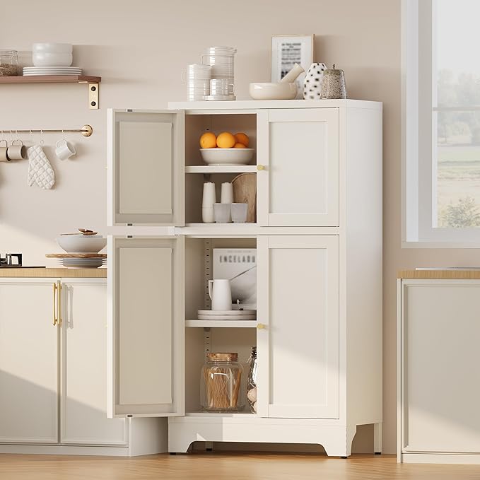 Bathroom Floor Storage Cabinet,Freestanding Bathroom Storage Cabinets,White Bathroom Cupboard,Metal Floor Cabinets,Small Cabinet with 2 Adjustable Shelves&4 Doors