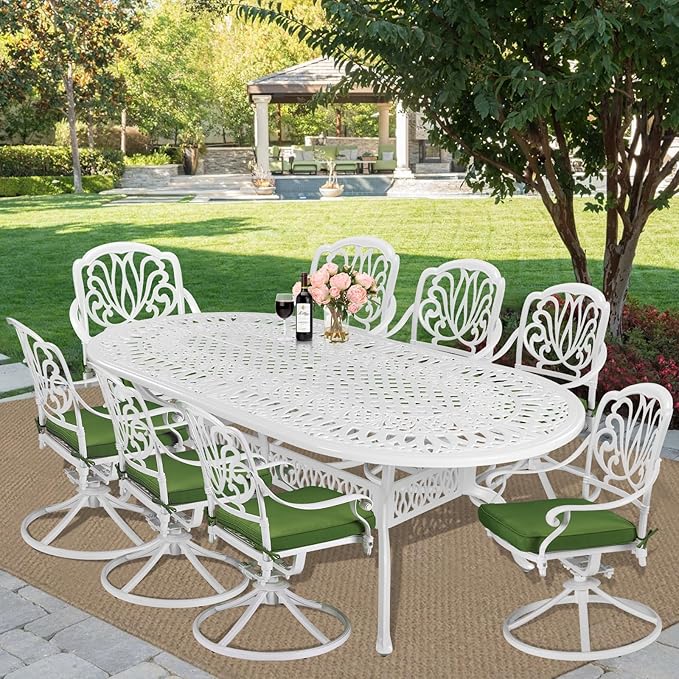 MEETWARM 9-Piece Outdoor Patio Dining Set, All-Weather Cast Aluminum Patio Conversation Set for Backyard Garden Deck with 8 Cushioned Swivel Rocker Chairs, 1 Oval Table, 2" Umbrella Hole, White