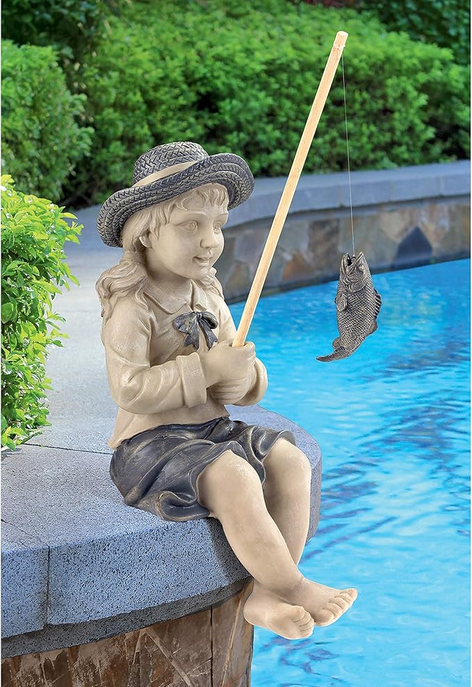 Design Toscano Big Catch Fisherwoman Nellie Girl with Fishing Pole Garden Statue, Medium 17 Inch Tall, Cast Stone Resin, Two Tone Stone Finish