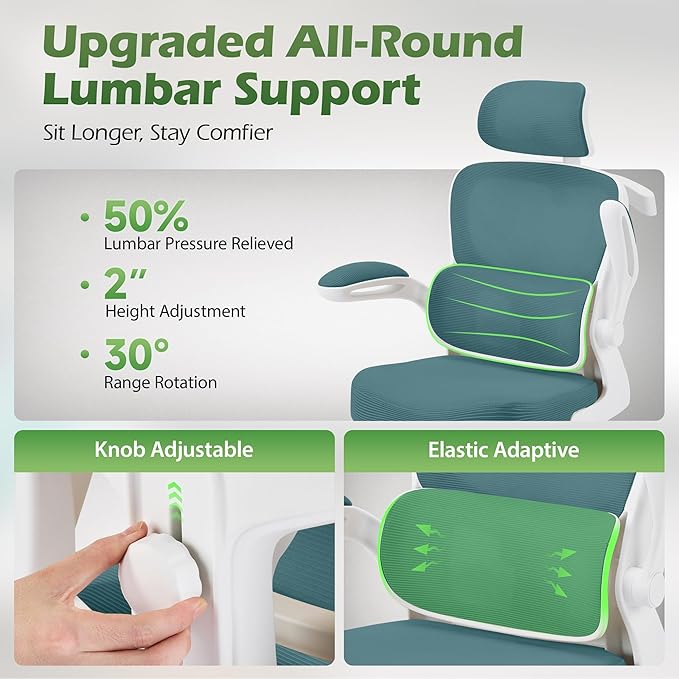 Office Chair Ergonomic Desk Chairs with Adjustable Lumbar Support& Headrest Hanger, High Back Breathable Mesh Chair with Wheels, Rolling Swivel Comfy Task Computer Chair for Home Work Gaming