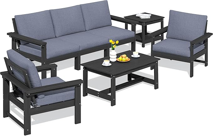 SERWALL HDPE Patio Furniture Set, 7-Piece Outdoor Sectional Sofa Set, All Weather Outdoor Couch Set for Deck, Lawn, Black Frame with Grey Cushion