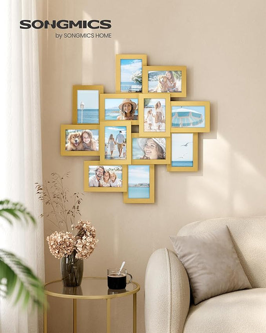 SONGMICS 4x6 Collage Picture Frames, 12-Pack Photo Collage Frame for Wall Decor, Glass Front, Assembly Required, Christmas Gift, Pale Gold URPF022A01