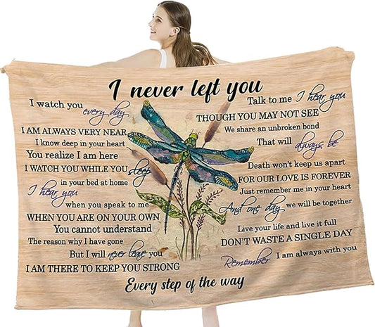 Dragonfly Blanket Memorial Sympathy Gifts for Girls Women Loved One I Never Left You Throw Blanket for Kids Adults Soft Warm Cozy Fleece Blanket for Couch Sofa Bed 50"x60"