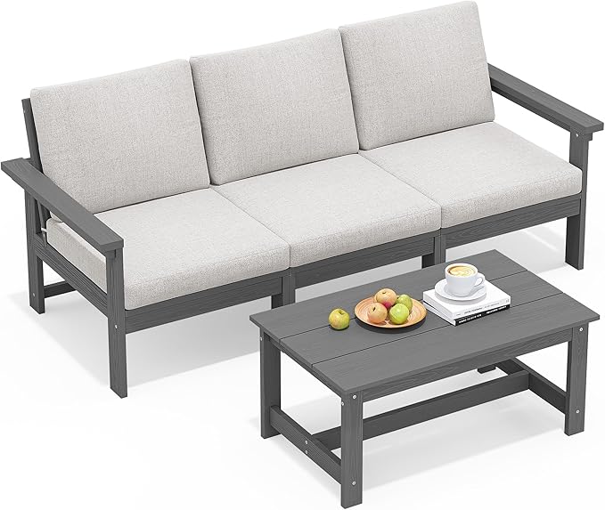 SERWALL HDPE Patio Sofa Set, 4-Piece Sectional Outdoor Furniture Set, All Weather Outdoor Couch Set Patio Furniture Set for Deck, Lawn, Grey Frame with Khaki Cushion