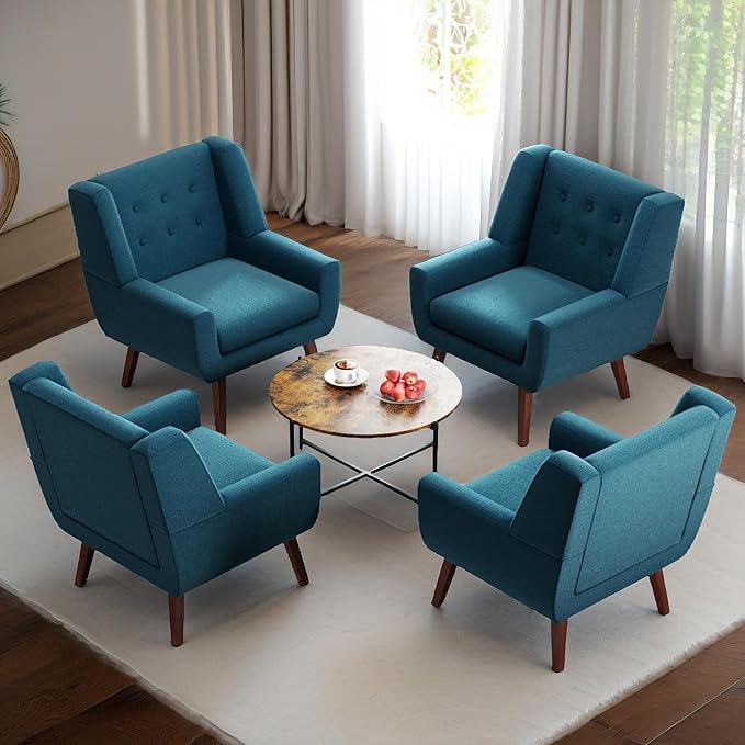 HUIMO Accent Chairs Set of 4, Upholstered Button Tufted Armchair, Linen Fabric Sofa Chairs for Bedroom, Living Room, Mid Century Modern Comfy Reading Chair (Lake Blue)