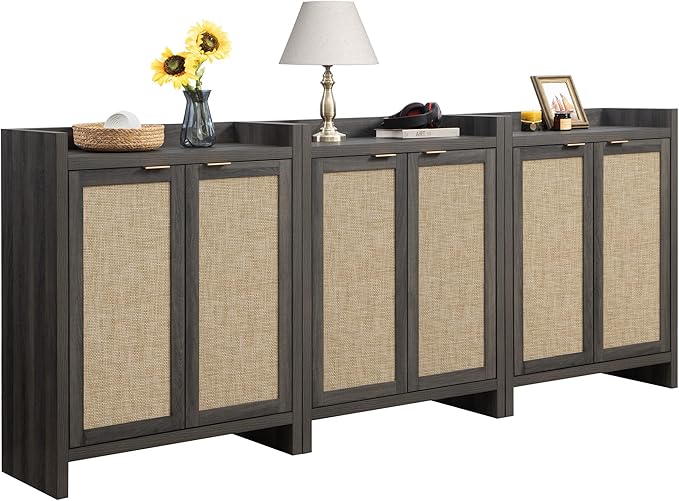 SICOTAS Shoe Storage Cabinet Set of 3, Large Capacity Rattan Shoe Cabinet for Entryway, 6-Tier 41" Tall Shoe Cabinet, Farmhouse Wooden Storage Cabinet for Living Room Hallway, Black Oak