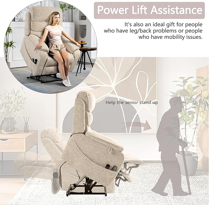 Power Lift Recliner Chair for Adults Elderly Lay Flat Velvet Recliners with Massage Heating, Extended Footrest, Wireless Charging Device, USB Ports, Cup Holder, Lumbar Pillow