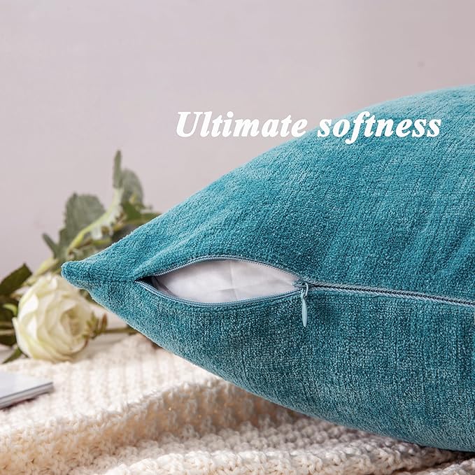GAWAMAY Decorative Chenille Throw Pillow Covers 24x24 Inch Pack of 2, Soft Square Couch Pillow Cover for Sofa Cushion Living Room Bedroom Solid Dyed Pillowcases Teal 60x60cm (ONLY Covers)