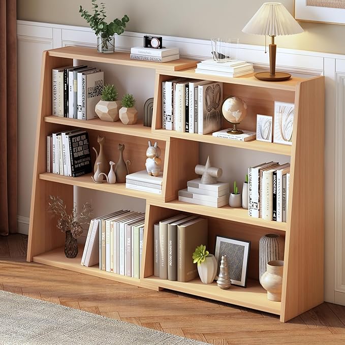 IOTXY Wooden Extendable Shelf Bookcase - 3-Tier Ladder Low Short Bookshelf for Small Space or Corner, Oak, L