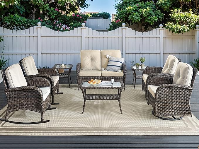 HUMMUH Patio Furniture 7-Piece Outdoor Conversation Set,All-Weather PE Wicker Loveseat Swivel and Rocking Chairs,Tables for Backyard,Poolside,Deck