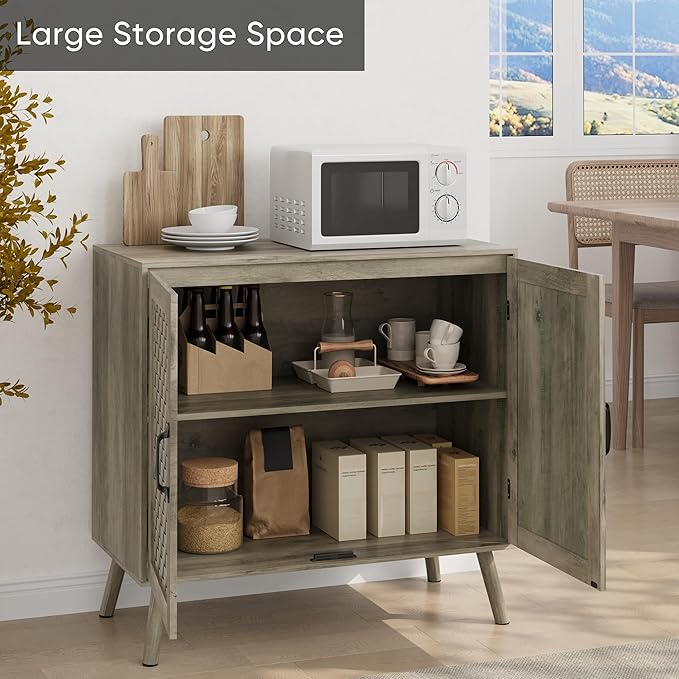 Smuxee Wood Sideboard, Freestanding Buffet Cabinet with 2 PVC Rattan Doors, Storage Cabinet with Adjustable Shelf for Living Room, Entryway, Hallway