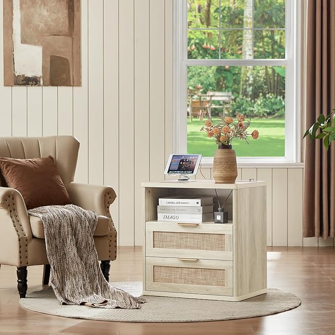 LEYAOYAO Rattan Nightstands with Charger Station, 23" Wide Boho Night Stand with 2 Drawers, Grey White Bedside Table Open Shlef, Bed Side End Table Dresser for Bedroom, Living Room Hallway