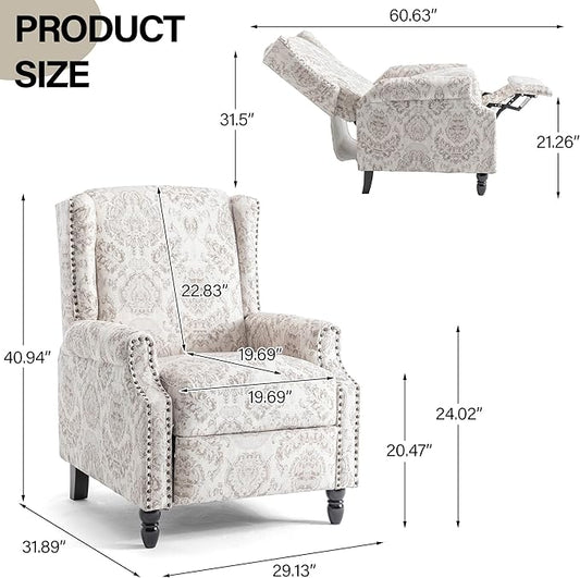 Recliner Chair, Upholstered Wingback Floral Pushback Armchair with Adjustable Backrest & Footrest, Comfy Accent Chair Reading Single Sofa for Small Spaces, Living Room, Bedroom (Beige, Set of 1)