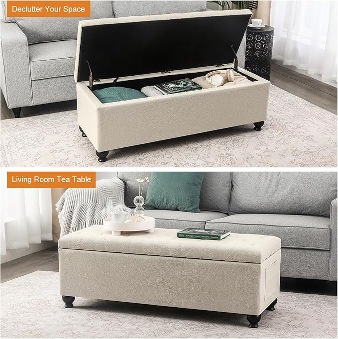 Storage Ottoman Bench 46 Inch Ottoman Bench with Storage Fabric Tufted Benches for End of Bed, Upholstered Ottomans Benches King Size with Hinged Lid for Living Room Bedroom Beige