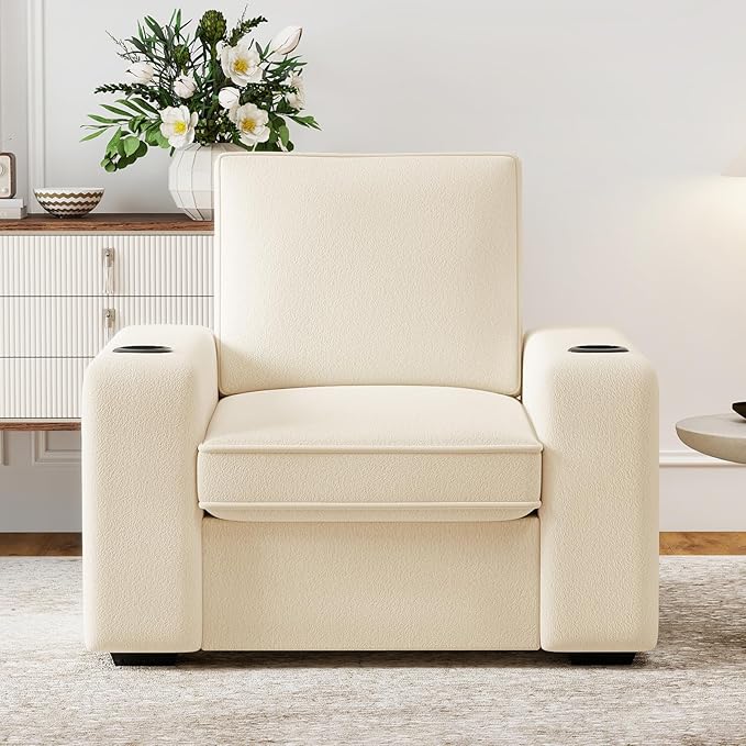 Furnimart 36" Wide Plush Accent Chair, Single Sofa with USB Charger & Cup Holder, Oversized Comfy Chair Tufted Terry Fabric, Ideal for Living Room, Bedroom, Apartment(Terry-Beige)