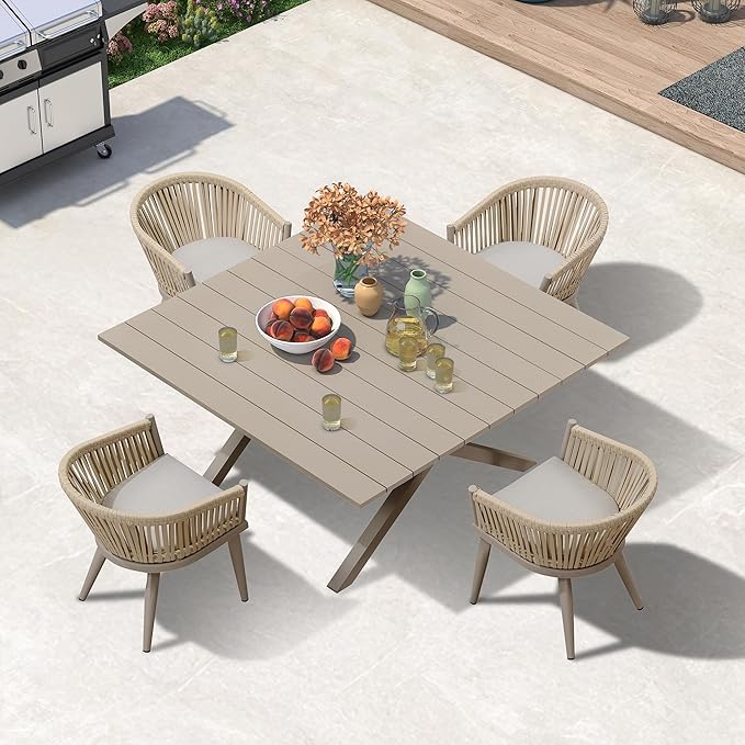 PURPLE LEAF 5 Pieces Oversized Square Outdoor Dining Set with Patio Aluminium Dining Table and Wicker Chairs Modern Furniture Cushions Sets for Backyard Indoor Decor Kitchen Champagne