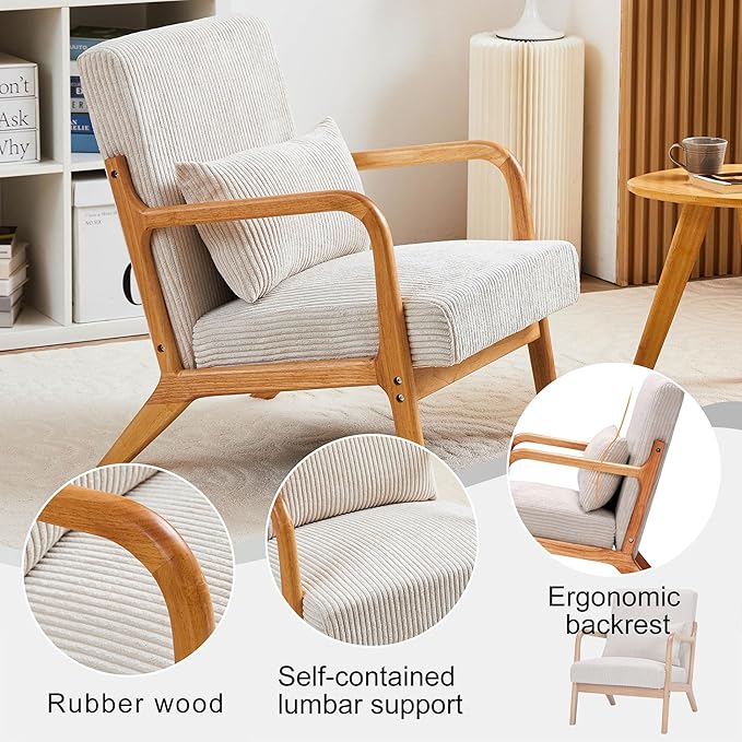 Accent Chairs, Mid-Century Modern Chair with Pillow, Armchair with Solid Wood, Reading Relaxing Leisure Chair for Living Room(Beige)